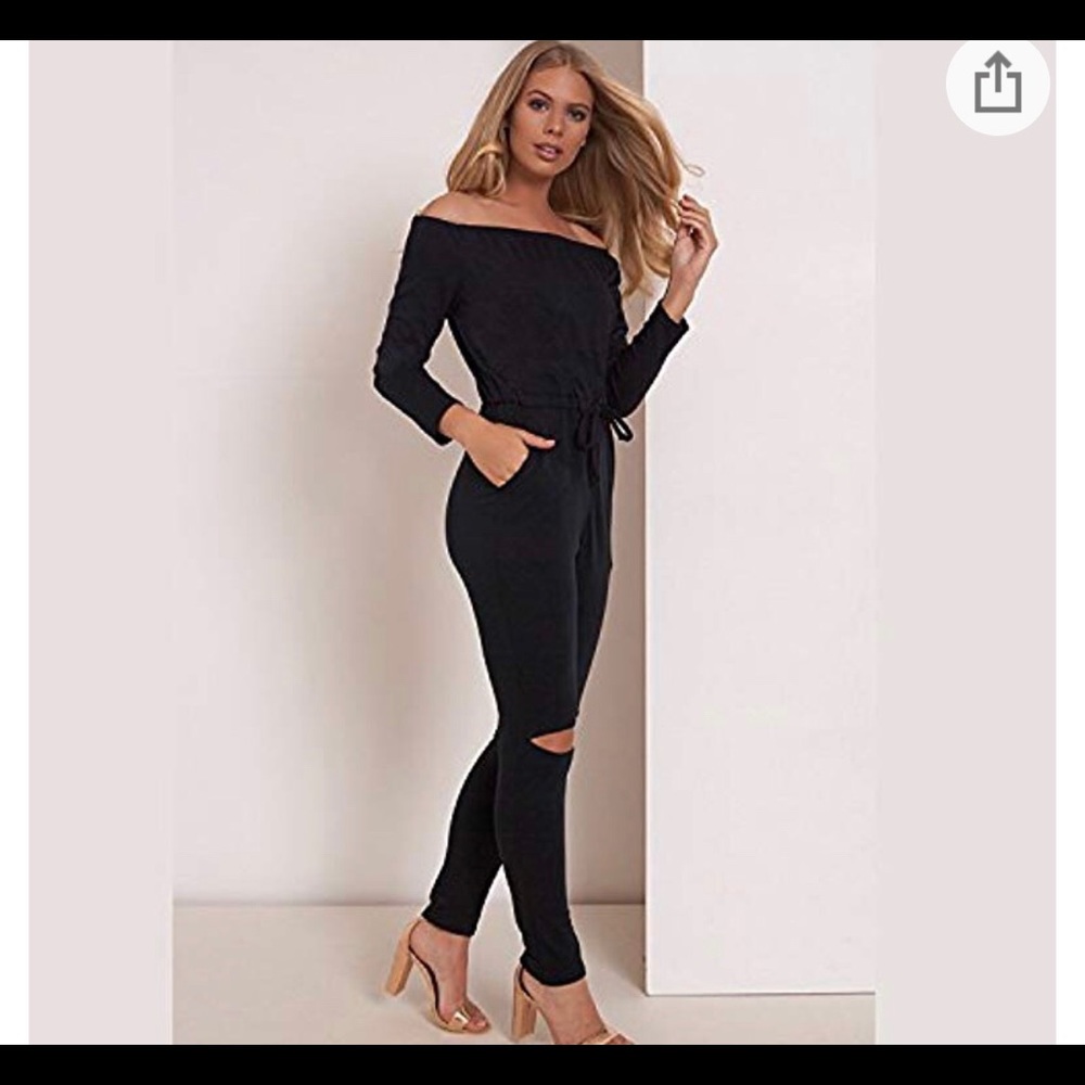 Off the Shoulder Jumpsuit with Slit Knee